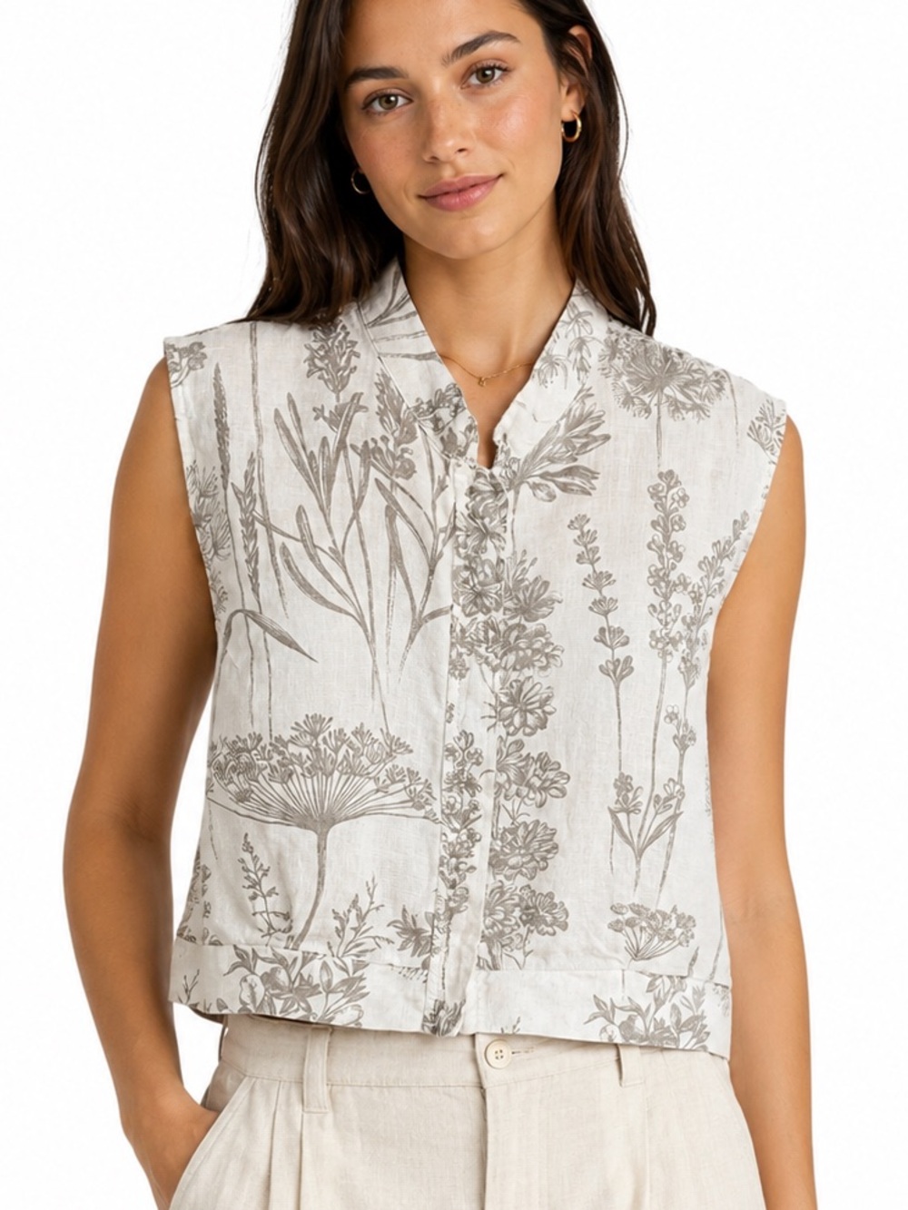 Laura Bianchi Botanical Print Sleeveless Linen Zip Up Top